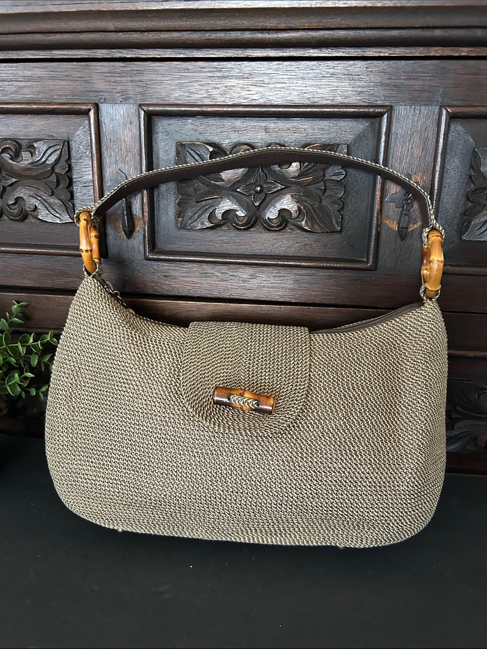Eric Javits Tan Woven Shoulder Bag with Bamboo Accents